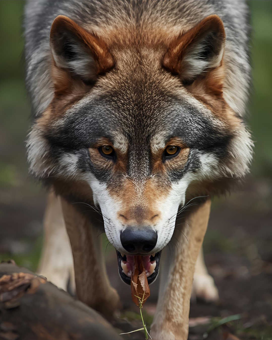 Close-up of a wolf with piercing golden eyes, symbolizing hidden strength and untamed feminine energy beneath a soft exterior.