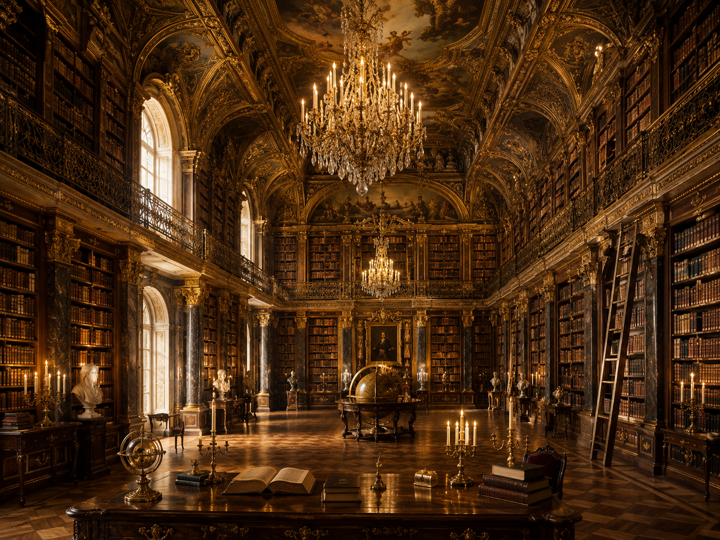 Grand gilded library filled with towering bookshelves, antique books, chandeliers, and ornate architectural details representing the chronological archive of the King Canon.